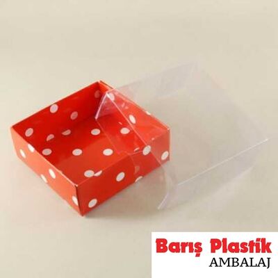 Asetat Kapaklı Kırmızı Puantiyeli Karton Kutu 8x8x3 Cm