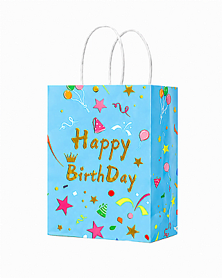 Kağıt Çanta Büklüm Sap 12x15x6 Happy Baskılı 25 Parça Mavi - 1